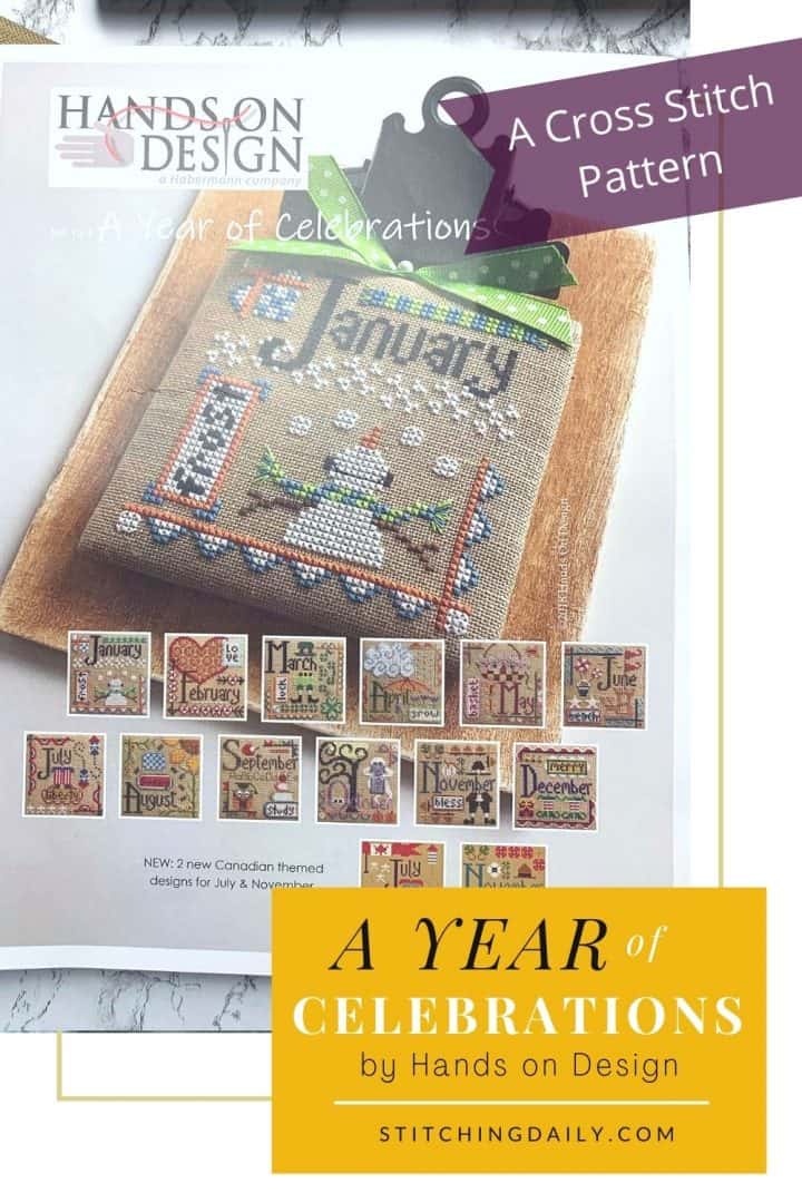 The cross stitch pattern A Year of Celebrations by Hands on Design which shows a different cross stitch design for each month stitched on linen