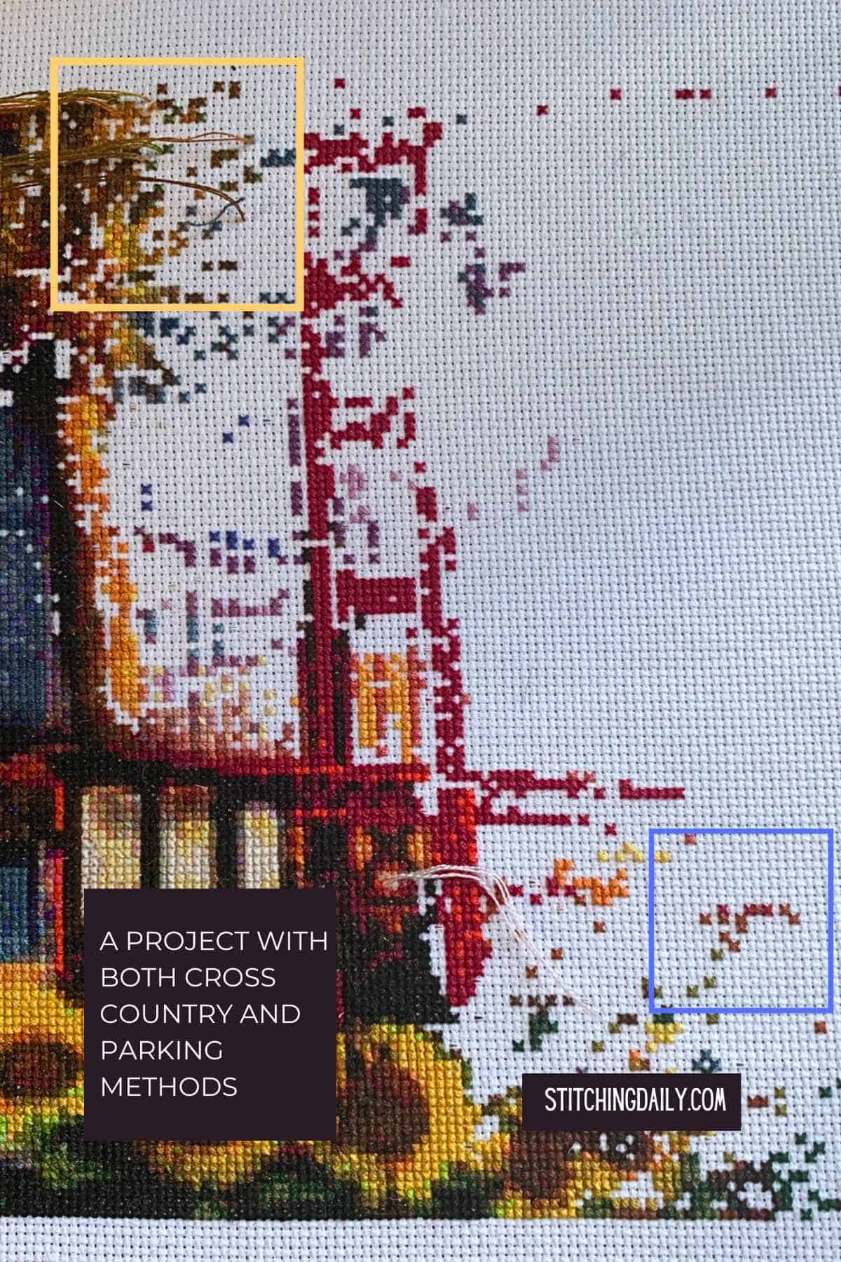 Close up of cross stitch project showing an example of parking and cross country.