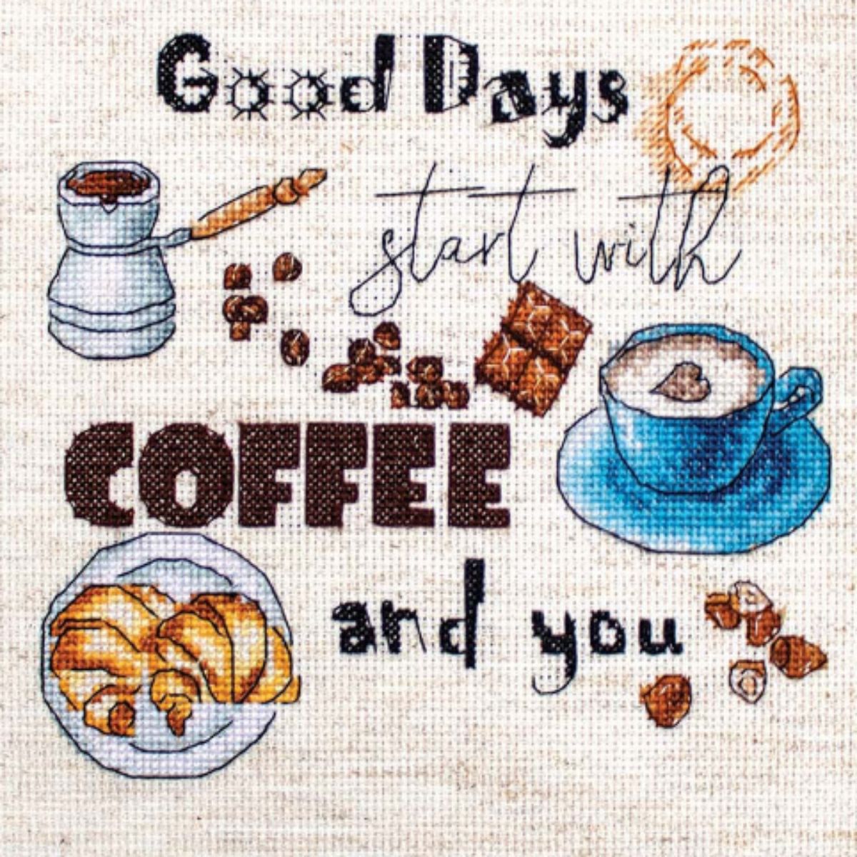 good days coffee kit with aida, threads, pattern and instructions