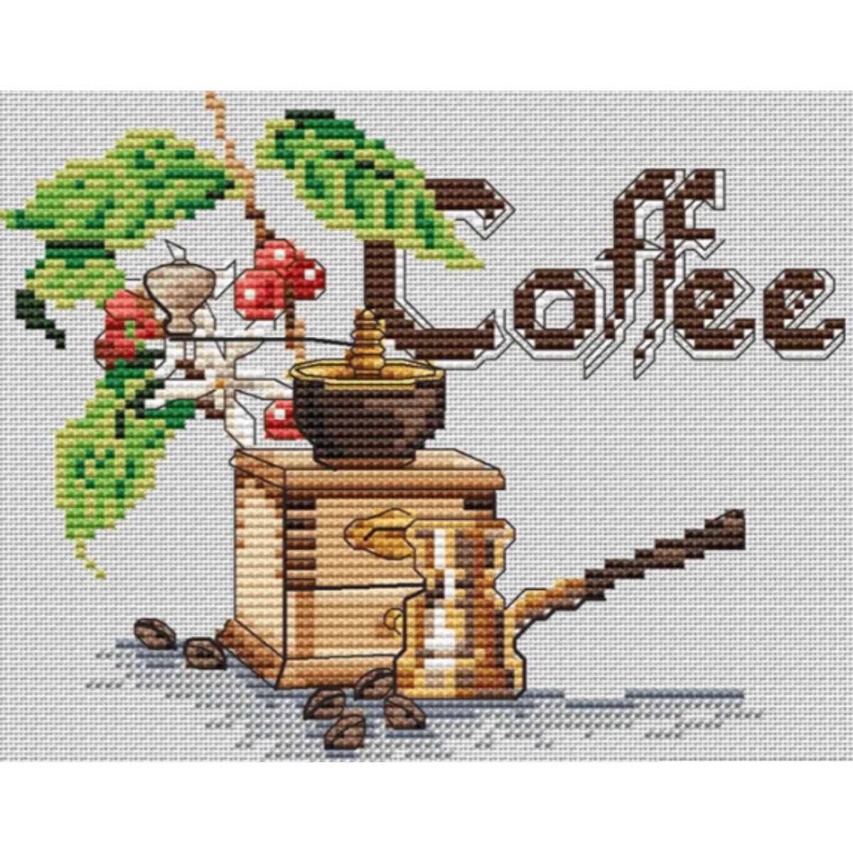 coffee cross stitch pattern with beans and grinder