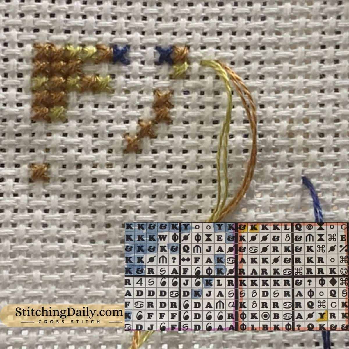 Third color of cross stitch pattern is stitched and the thread is parked. Also shows what that would look like on a paper pattern