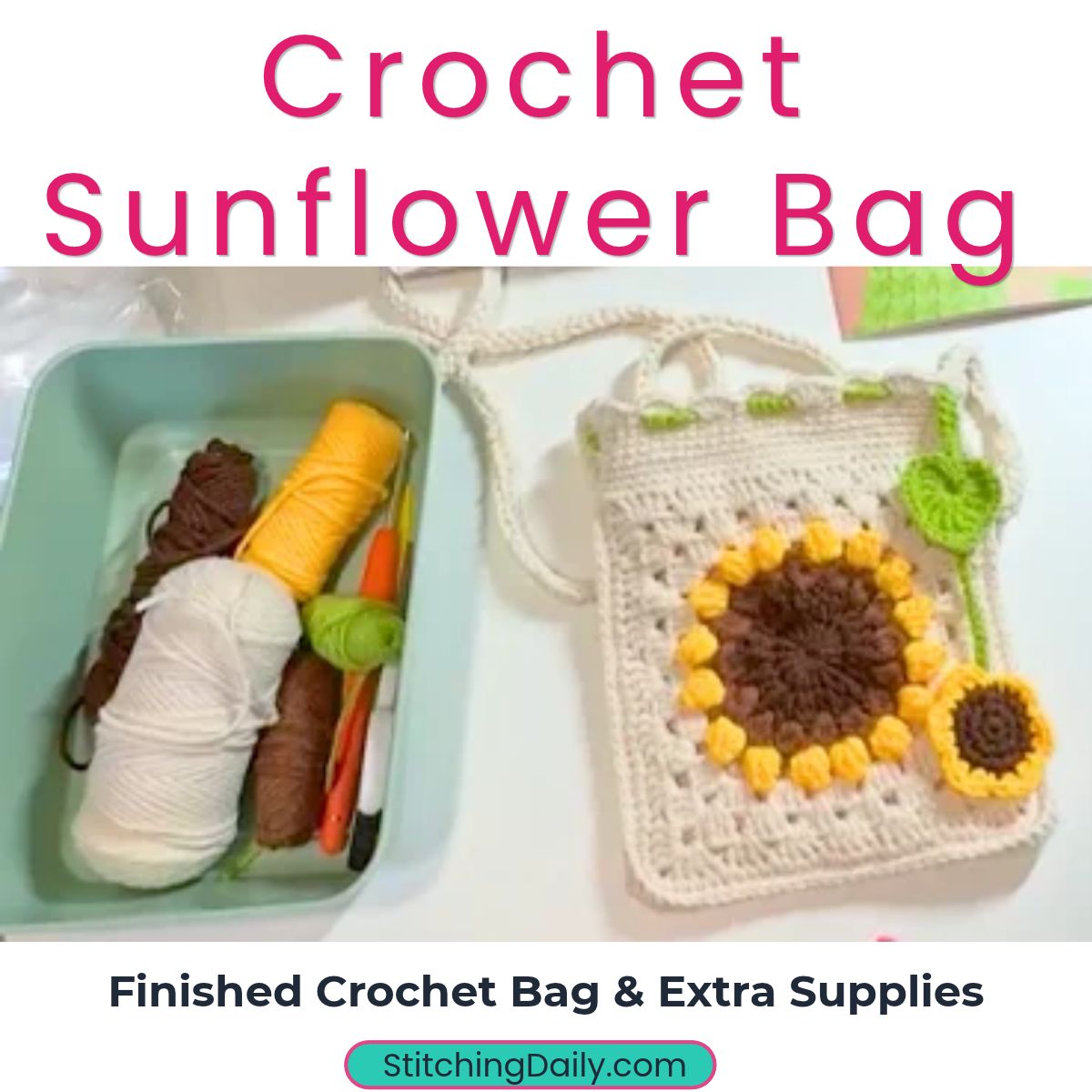 Finished handmade sunflower crochet pouch next to leftover cream and green yarn skeins