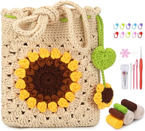 Unboxing contents of an Amazon crochet kit with yarn skeins, hook, and printed instructions